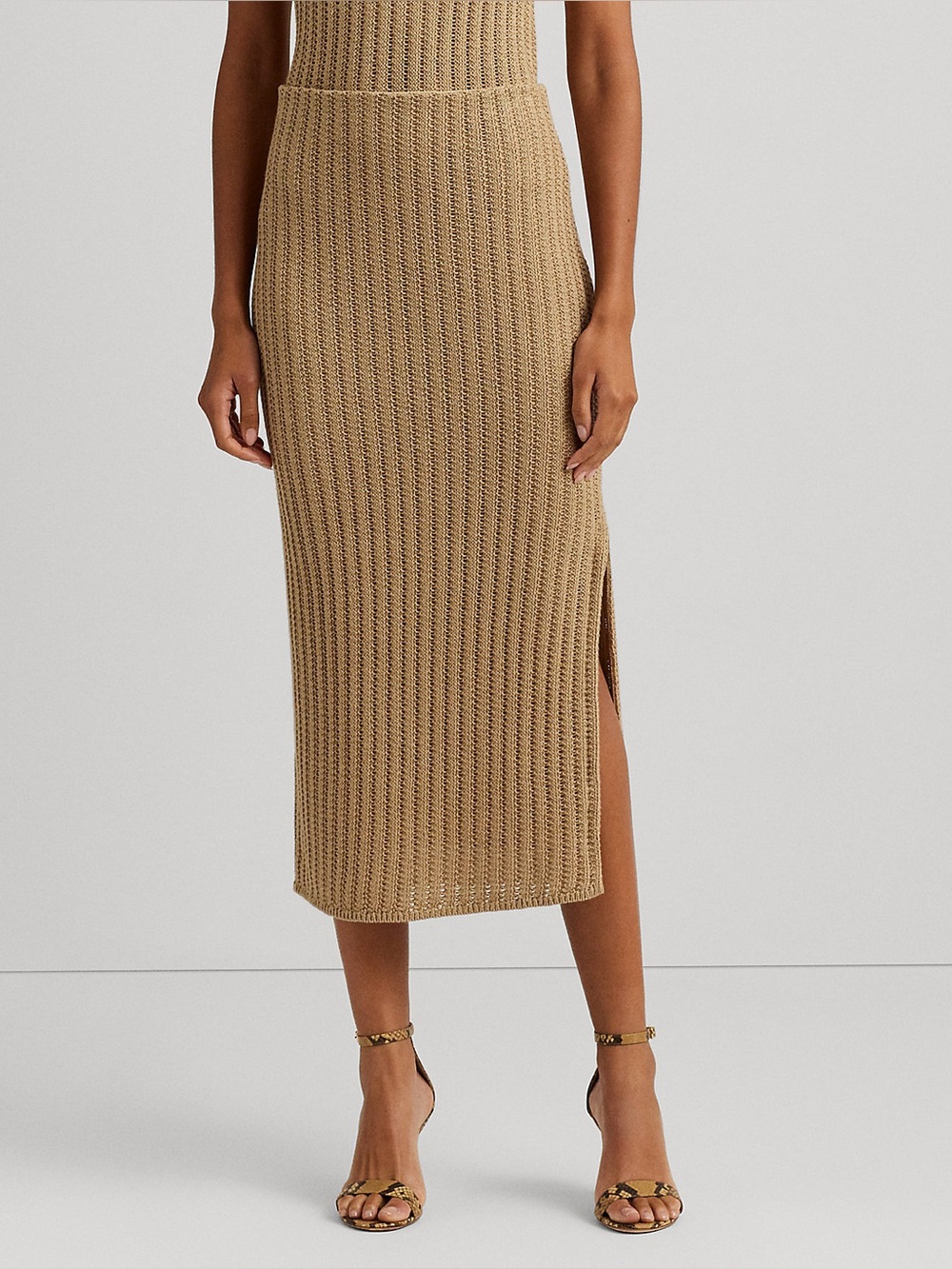 Lauren Ralph Lauren Linen Pencil Midi Skirt Birch Tan L Rib Knit Slit